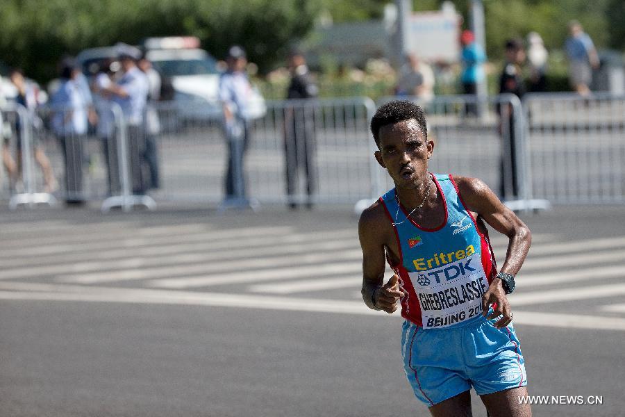 Ghirmay Ghebreslassie of Eritrea competes during the men's marathon at the 15th IAAF World Athletics Championships 2015 in Beijing, capital of China, on Aug. 22, 2015.