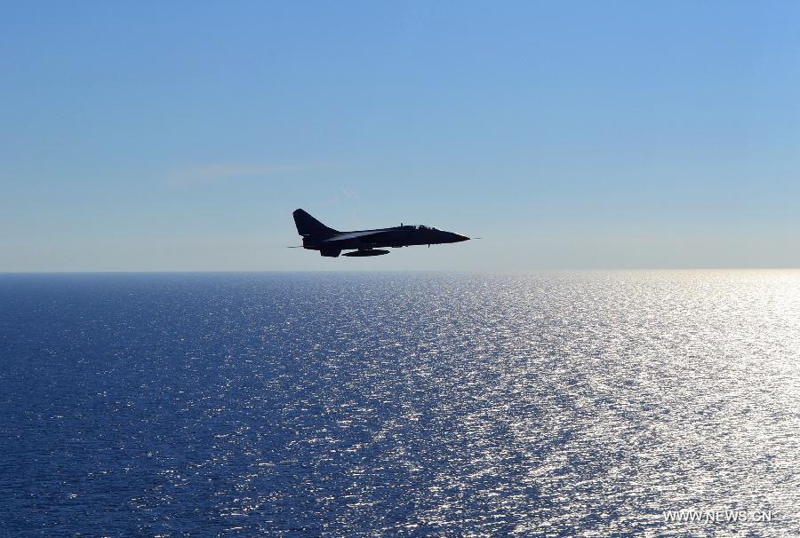 A JH-7 fighter jet of the Chinese Air Force takes part in a joint air exercise of the ongoing China-Russia joint naval drills, Aug. 24, 2015.