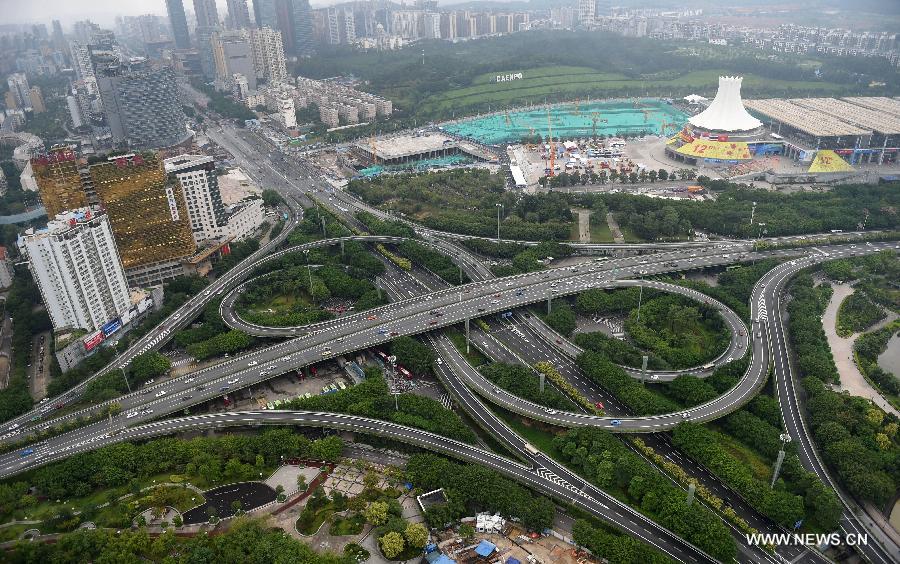 Photo taken on Sept. 18, 2015 shows the Nanning International Convertion and Exhibition Center where the 12th China-ASEAN Expo and the China-ASEAN Business and Investment Summit is held in Nanning, capital of southwest China's Guangxi Zhuang Autonomous Region.