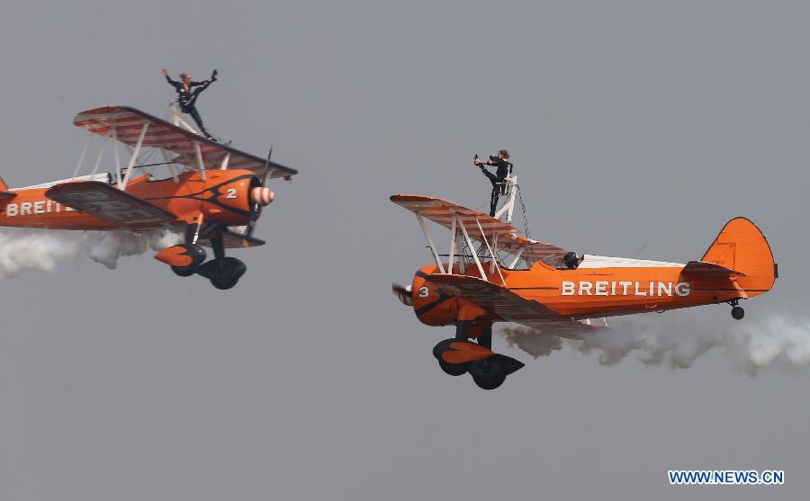 The Breitling Wingwalkers perform during Zhengzhou Airshow 2015 in Zhengzhou, capital of central China's Henan Province, Sept. 25, 2015. 