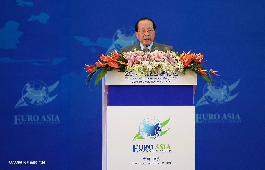 Cambodian Deputy Prime Minister and Foreign Minister Hor Namhong addresses the opening ceremony of 2015 Euro-Asia Economic Forum in Xi'an, capital of northwest China's Shaanxi Province, Sept. 24, 2015.