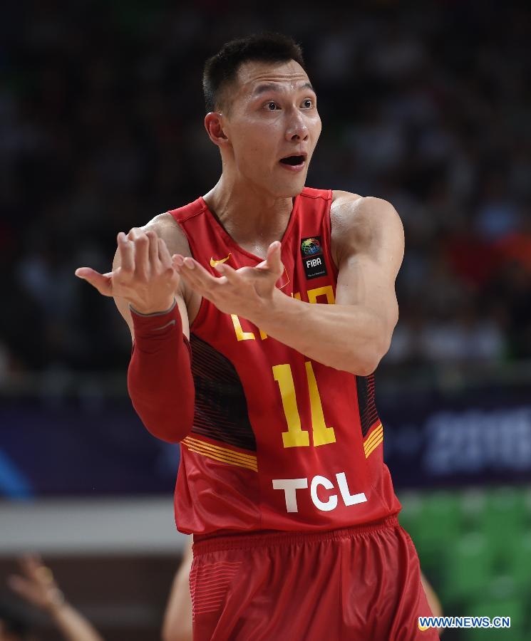 Yi Jianlian of China reacts during the preliminary round Group C match against South Korea at 2015 FIBA Asia Championship in Changsha, capital of central China's Hunan Province, Sept. 24, 2015. 