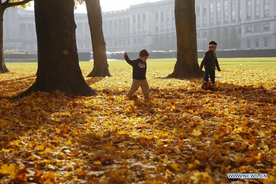 Two children play with defoliations at a park in Brussels, Belgium, Oct. 30, 2015.