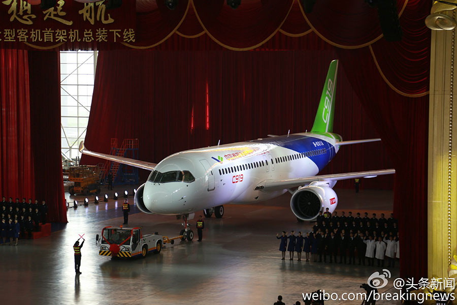 First China-developed large passenger jet C919 rolls off  line