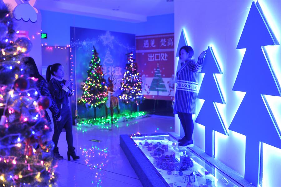 People visit a Christmas theme park at a shopping mall in Qingdao, east China's Shandong Province, Dec. 15, 2015. A Christmas theme park attracted visitors at a shopping mall in Qingdao on Tuesday. (Xinhua/Wang Haibin)