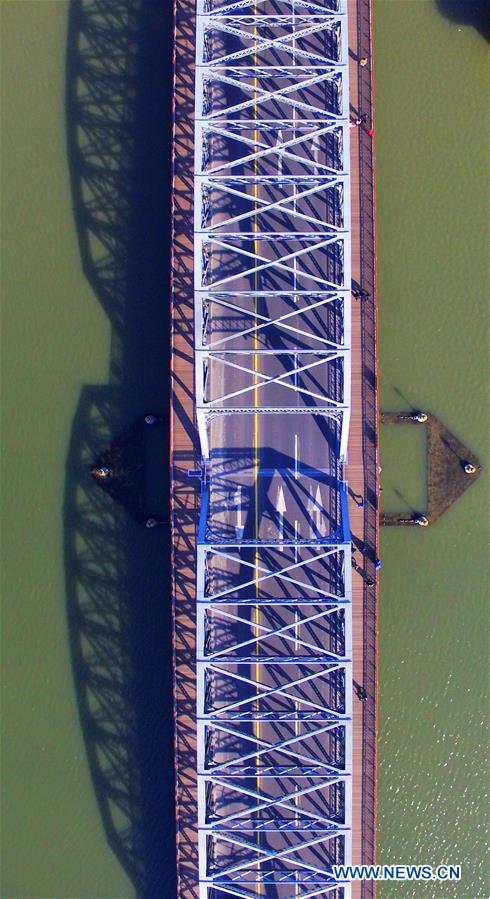 An aerial photo taken on Dec. 16, 2015 shows the Waibaidu bridge in Shanghai, east China.