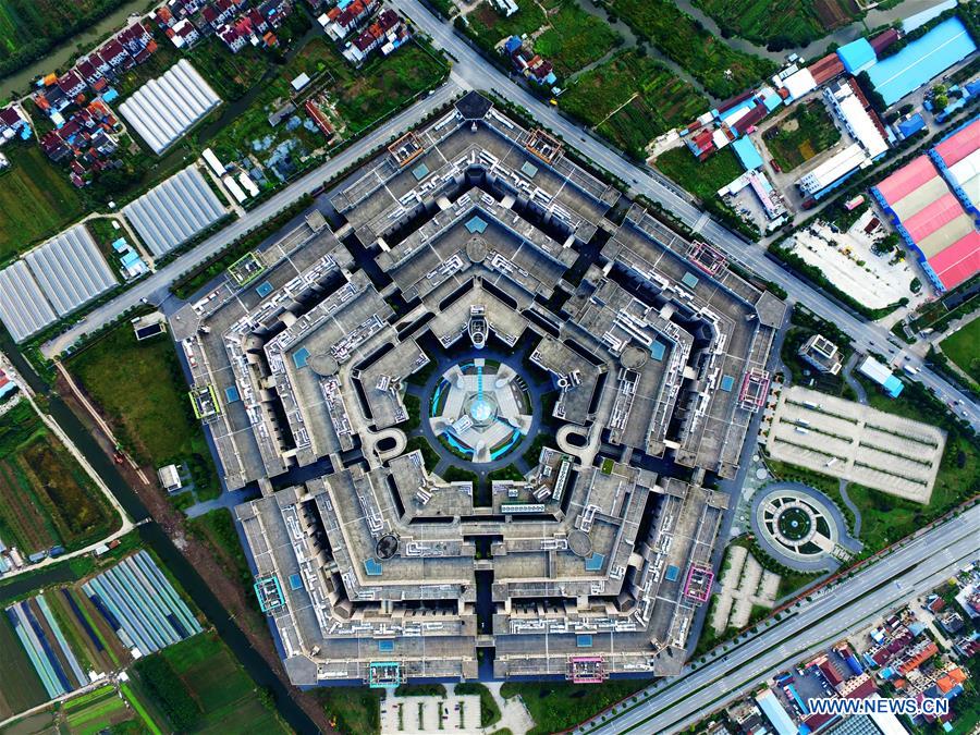 An aerial photo taken on Oct. 6, 2015 shows a pentagon-like building in Shanghai, east China. 