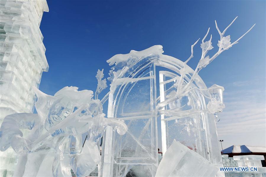 An ice sculpture made by Russian contestants is on display during an international ice sculpture contest in Harbin, capital of northeast China's Heilongjiang Province, Jan. 4, 2016.