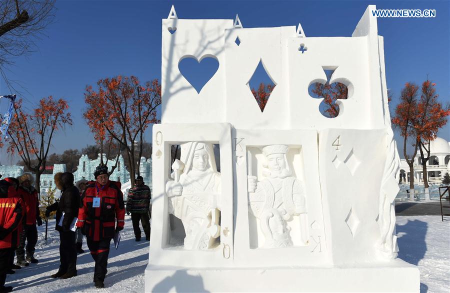 Photo taken on Jan. 13, 2016 shows a winning snow sculpture work by Chinese contestants in Harbin, capital of northeast China's Heilongjiang Province. 