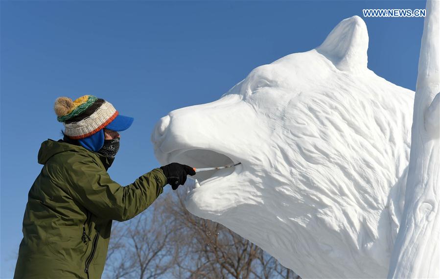 A contestant from South Korea makes a snow sculpture in Harbin, capital of northeast China's Heilongjiang Province, Jan. 13, 2016.