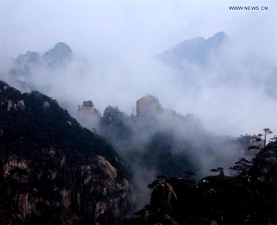 Photo taken on Jan. 13, 2016 shows the sea of clouds after a snowfall at the Huangshan Mountain scenic spot in Huangshan City, east China's Anhui Province.