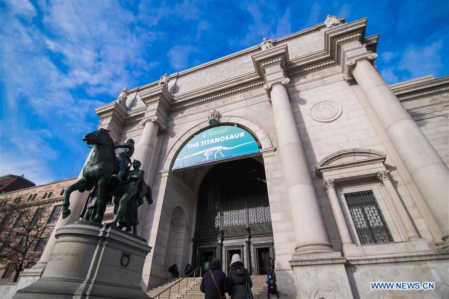 Poster of the 'Titanosaur' skeleton exibition is seen on the facade of the American Museum of Natural History in New York, the United States, on Jan. 14, 2016. 