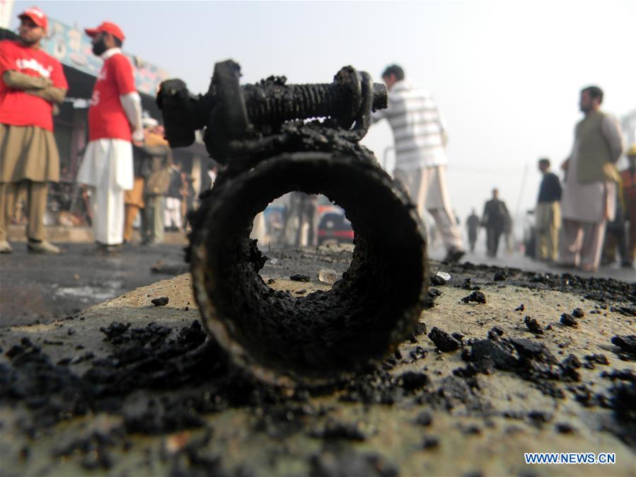 Photo taken on Jan. 19, 2016 shows a blast site in Peshawar, Pakistan.