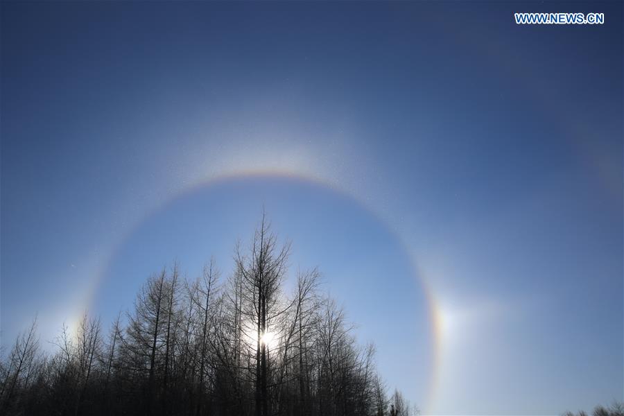 Photo taken on Jan. 22, 2016 shows a view of solar halo over Jinhe Township, Genhe City, Inner Mongolia Autonomous Region. 