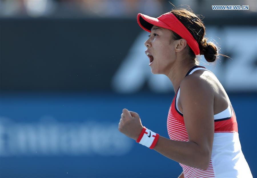 China's Zhang Shuai celebrates during the second round match of women's singles at the Australian Open Tennis Championships in Melbourne, Australia, Jan. 21, 2016.