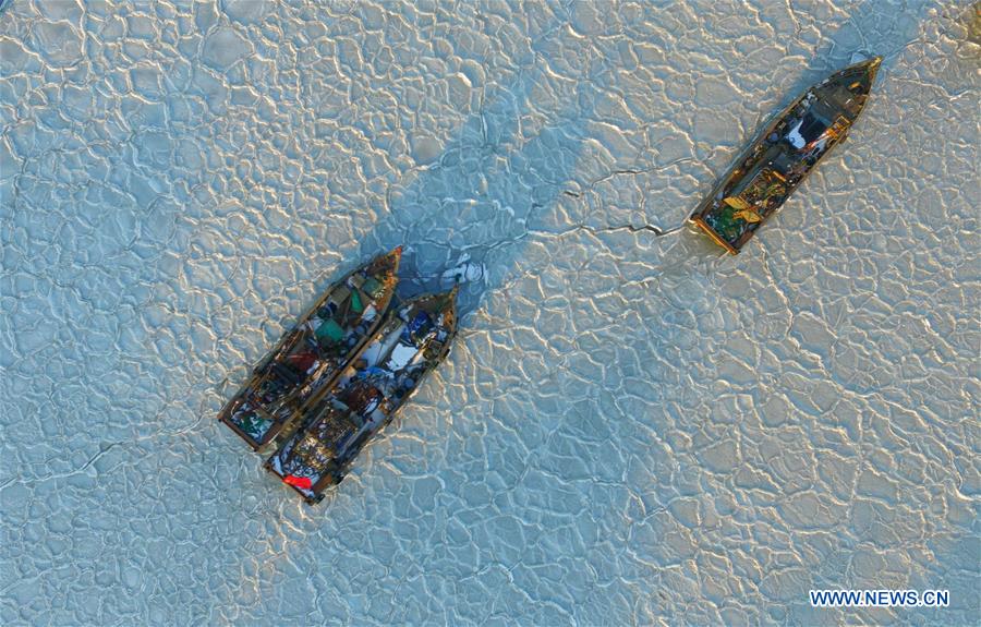 YANTAI, Jan. 26, 2016 (Xinhua) -- Photo taken with a drone on Jan. 26, 2016 shows fishing boats trapped in sea ice in a port at Xikou Village in Yantai City, east China's Shandong Province. Under the influence of a strong cold wave, sea ice appeared around the Yantai sea area and affected the maritime transportation. (Xinhua/Chu Yang) 