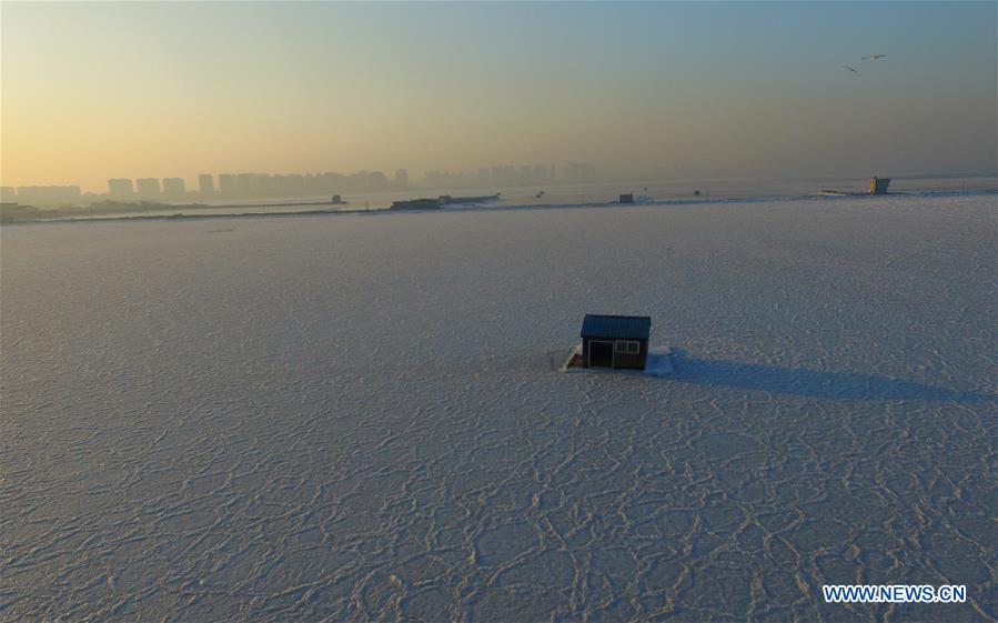 YANTAI, Jan. 26, 2016 (Xinhua) -- Photo taken on Jan. 26, 2016 shows a floating makeshift house for aquaculture activities among sea ice in a port at Xikou Village in Yantai City, east China's Shandong Province. Under the influence of a strong cold wave, sea ice appeared around the Yantai sea area and affected the maritime transportation. (Xinhua/Chu Yang) 