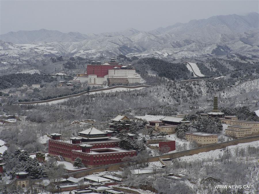 Aerial photo taken on Feb. 13, 2016 shows the snow scenery at the Summer Resort in Chengde, north China's Hebei Province. 