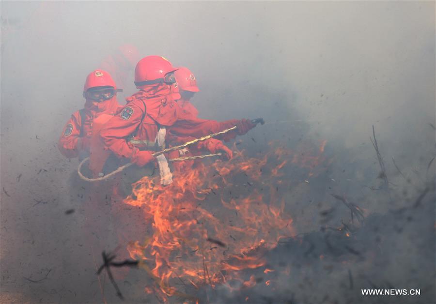 Soldiers take part in a fire drill at a forest zone in Xixiang Township, Xichang City of southwest China's Sichuan Province, Feb. 16, 2016. 