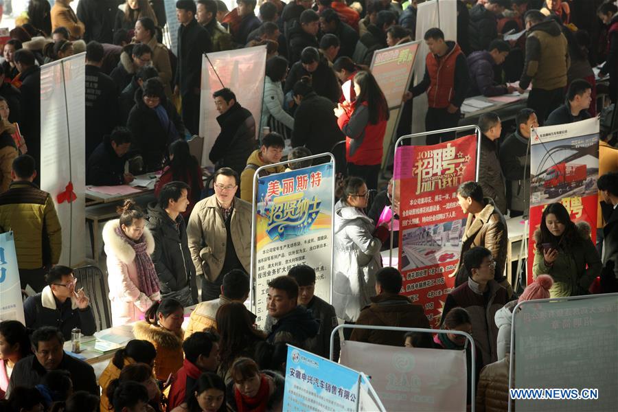 Job seekers attend a job fair in Mengcheng County, east China's Anhui Province, Feb. 15, 2016. 