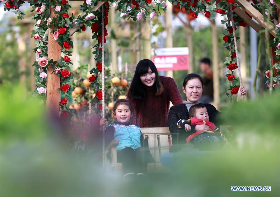 People play on a swing at a planting garden in Xuyi County, east China's Jiangsu Province, Feb. 18, 2016.