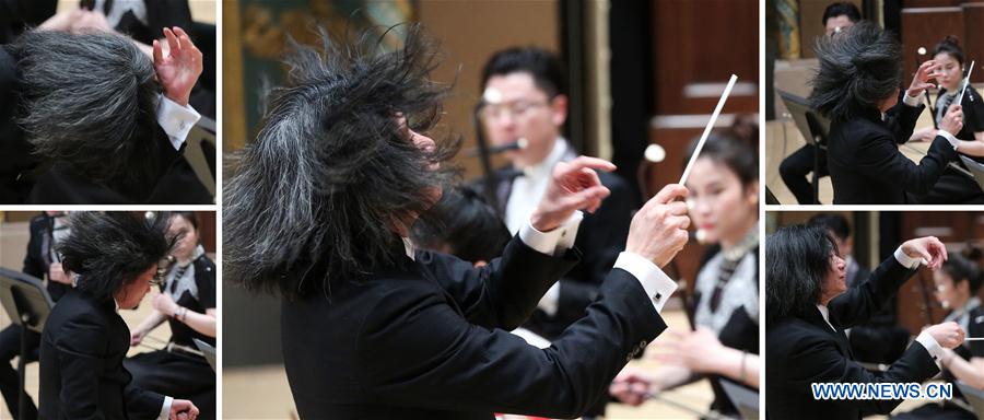 The combo picture shows conductor Peng Jiapeng of China Radio Nationalities Orchestra performing during a concert at the Orchestra Hall in Detroit, the United States, Feb. 22, 2016. 