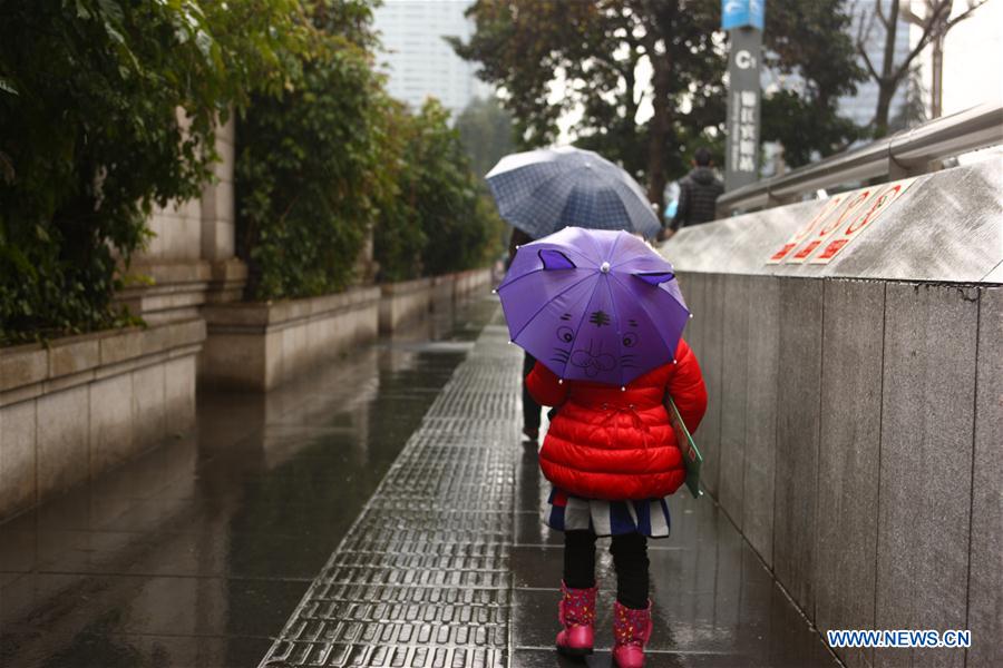 People walk on the Renminnan Road in light rain in Chengdu, capital of southwest China's Sichuan Province, Feb. 23, 2016. Chengdu received a light rain on Tuesday. 