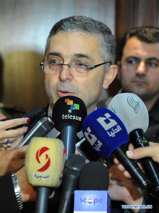  Syrian Minister of National Reconciliation Ali Haidar speaks during a press briefing in Damascuc, Syria, on Feb. 23, 2016. Syrian Minister of National Reconciliation Ali Haidar said on Tuesday that the recently declared cessation of hostilities must not affect the war on terror.