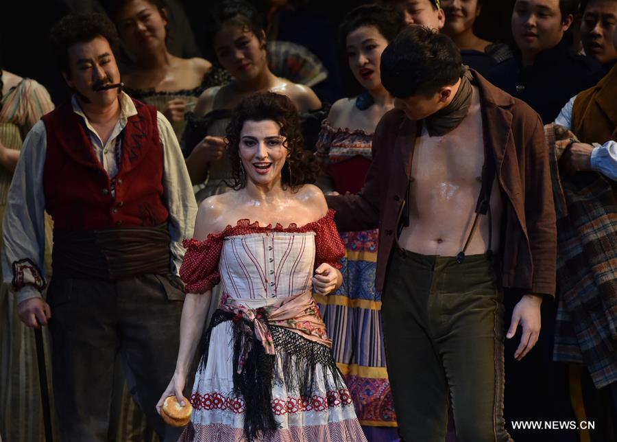  Itanlian singer Giuseppina Piunti acting as Carmen performs at the opera Carmen at the National Center for the Performing Art in Beijing, capital of China, Feb. 27, 2016