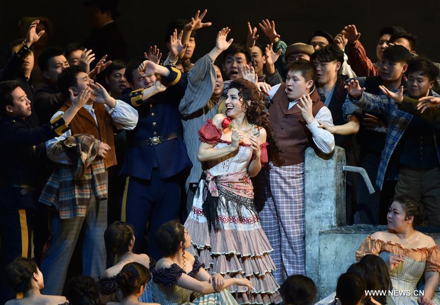  Itanlian singer Giuseppina Piunti acting as Carmen performs at the opera Carmen at the National Center for the Performing Art in Beijing, capital of China, Feb. 27, 2016