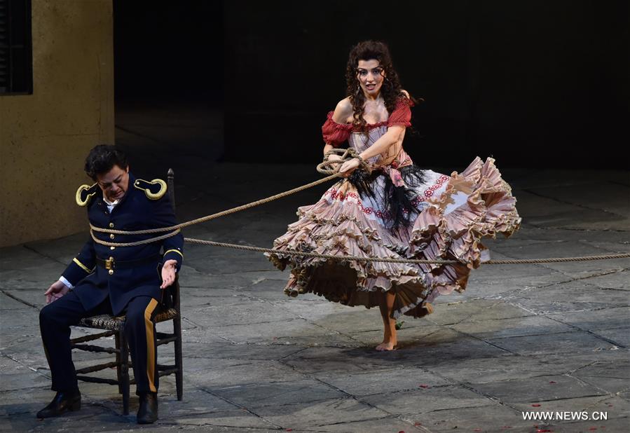  Itanlian singer Giuseppina Piunti acting as Carmen performs at the opera Carmen at the National Center for the Performing Art in Beijing, capital of China, Feb. 27, 2016