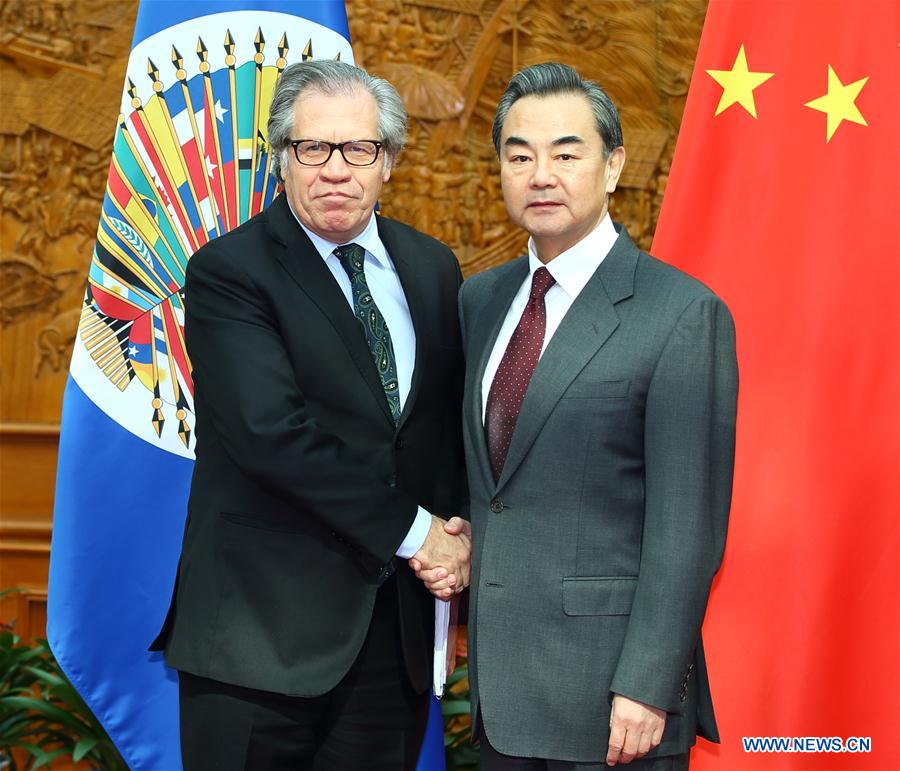 Chinese Foreign Minister Wang Yi (R) meets with Luis Almagro, secretary-general of the Organization of American States (OAS), in Beijing, capital of China, March 1, 2016. 