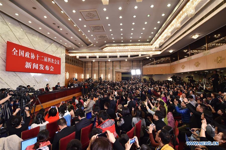 Photo taken on March 2, 2016 shows the scene of a press conference on the Fourth Session of the 12th Chinese People's Political Consultative Conference (CPPCC) National Committee in Beijing, capital of China.