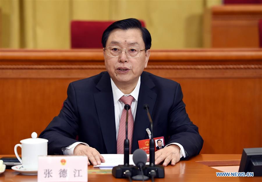 Zhang Dejiang, chairman of the Standing Committee of China's National People's Congress (NPC), presides over a preparatory meeting for the fourth session of the 12th NPC at the Great Hall of the People in Beijing, capital of China, March 4, 2016. 