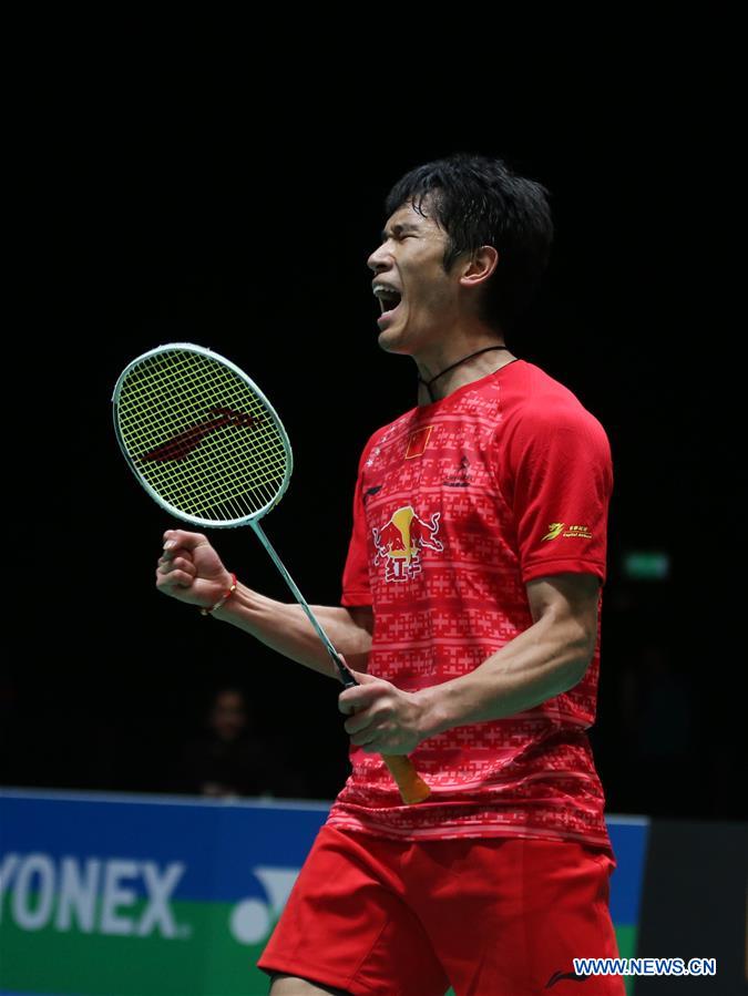 China's Tian Houwei reacts after winning the men's singles second round match with Sameer Verma of India at the 2016 YONEX All England Open Badminton Championships in Birmingham, Britain on March 10, 2016. 