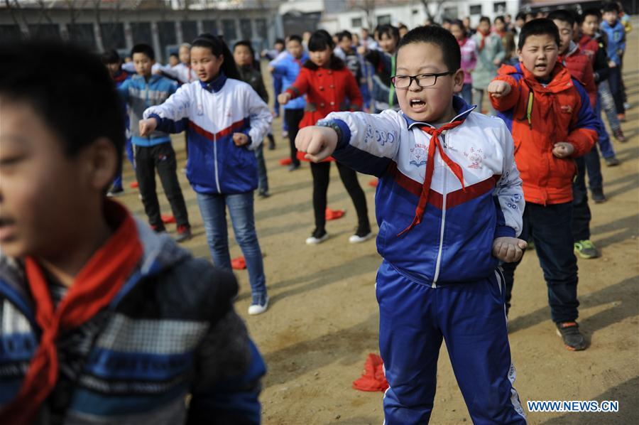 Pupils of Dongqu Primary School exercise martial art in Xinglong County of Chengde City, north China's Hebei Province, March 16, 2016.