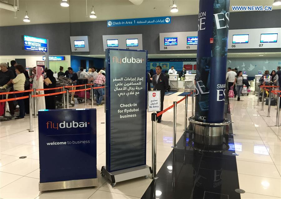 The check-in desks of Flydubai are seen at the International Airport of Dubai, the United Arab Emirates (UAE), March 19, 2016. 