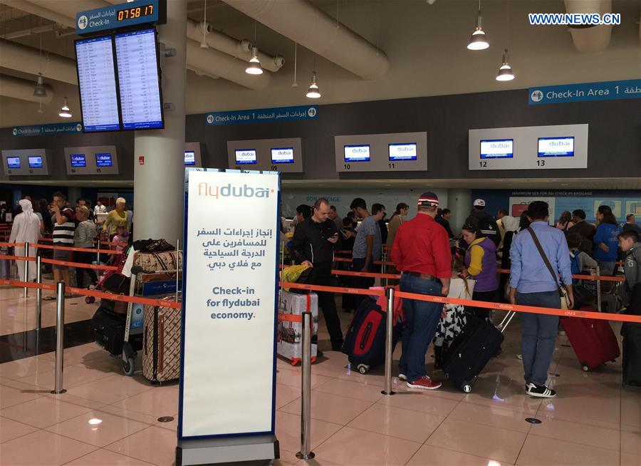 The check-in desks of Flydubai are seen at the International Airport of Dubai, the United Arab Emirates (UAE), March 19, 2016. 