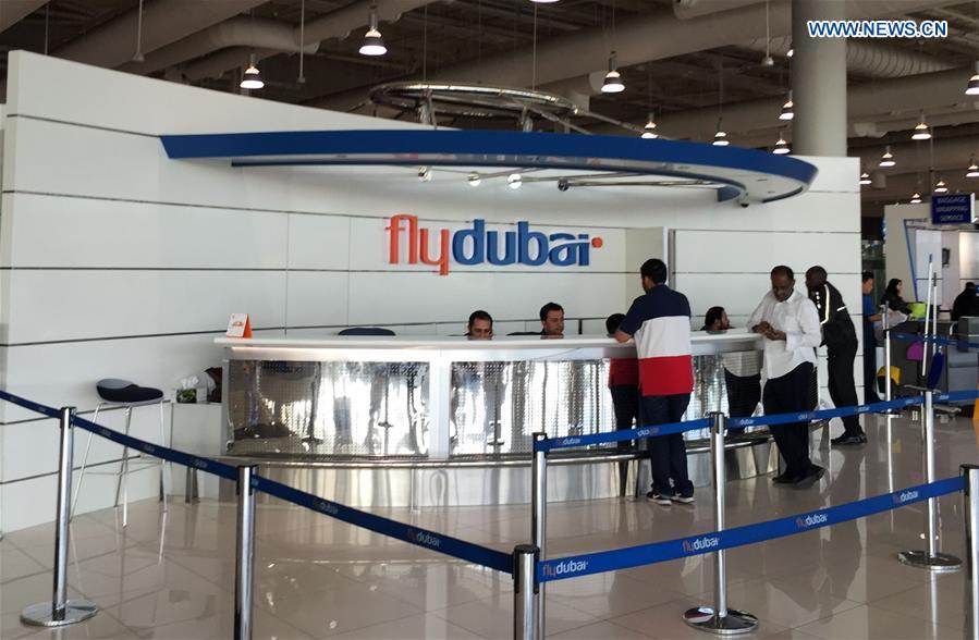 An information desk of Flydubai is seen at the International Airport of Dubai, the United Arab Emirates (UAE), March 19, 2016.