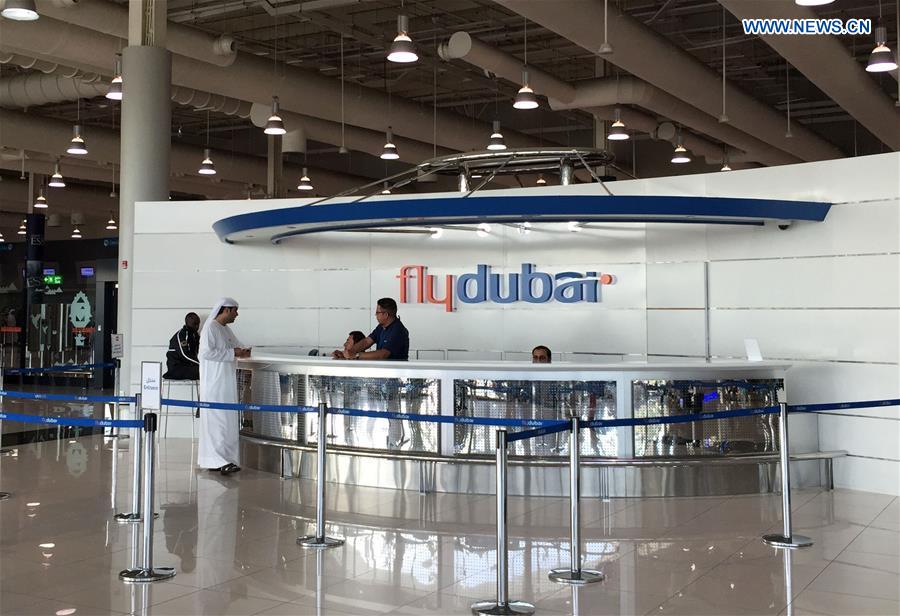 An information desk of Flydubai is seen at the International Airport of Dubai, the United Arab Emirates (UAE), March 19, 2016. 