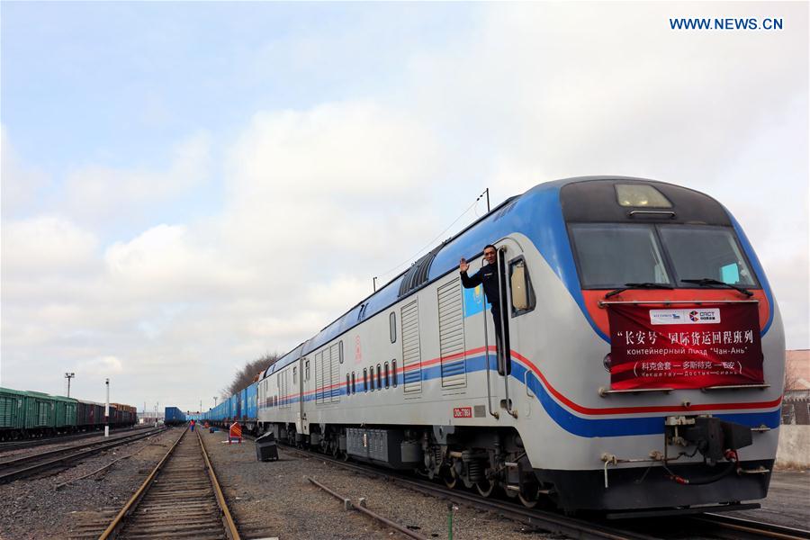 The Chang'an cargo train is about to leave the train station at the town of Dostyk, Kazakhstan, March 20, 2016.