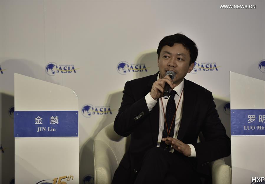 Jin Lin,Vice President of JD Finance, speaks at a sub-forum with the theme of 'The Rise of Crowdfunding' during the 2016 Boao Forum for Asia (BFA) in Boao, south China's Hainan Province, March 22, 2016.