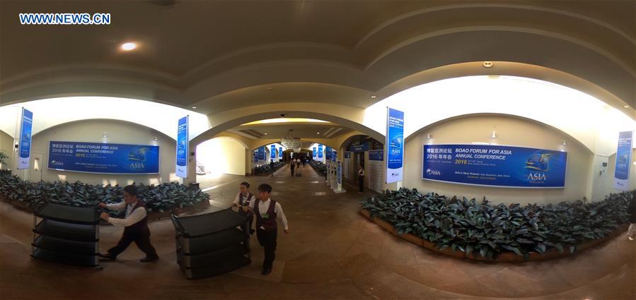 Panoramic photo shows hotel staff members working in the annual Boao Forum for Asia (BFA) in Boao, south China's Hainan Province, March 22, 2016.