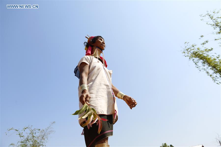 A Padaung woman with brass rings around her neck walks on her way in Panpet Village, Demoso Township, Kayah State, Myanmar, April 11, 2016. 