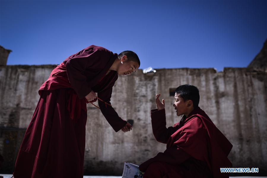 Monks debate on Tibetan Buddhism doctrines at Labu Monastery in Yushu Tibetan Autonomous Prefecture, northwest China's Qinghai Province, April 18, 2016.