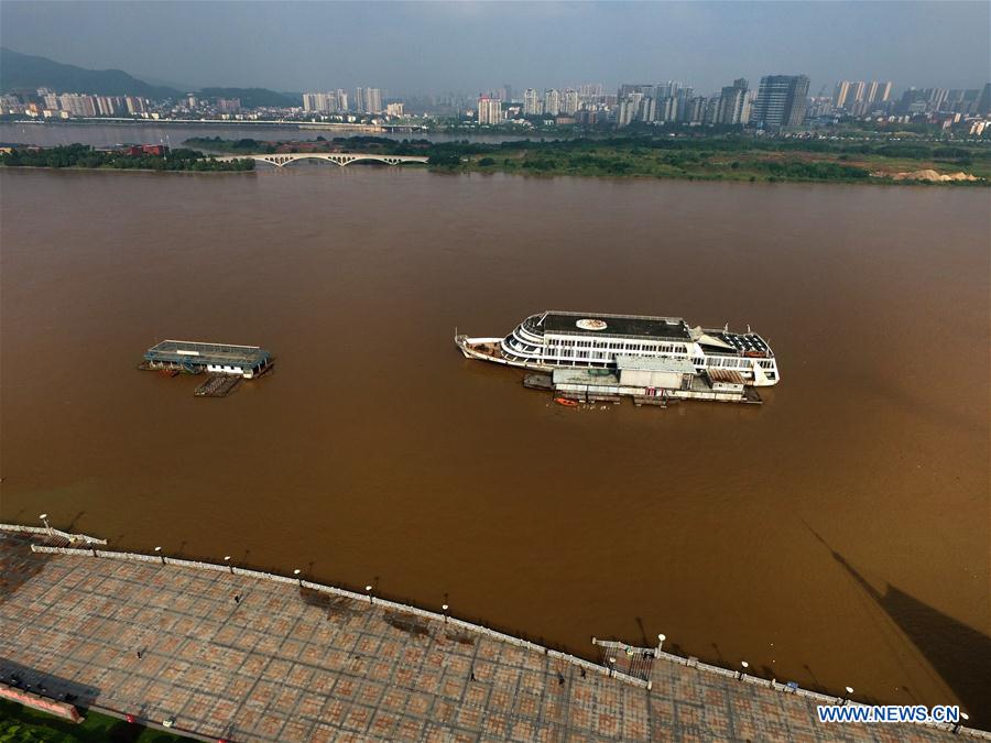 Photo taken on May 10, 2016 shows a flooded square along the Xiangjiang River in Changsha, capital of central China's Hunan Province.