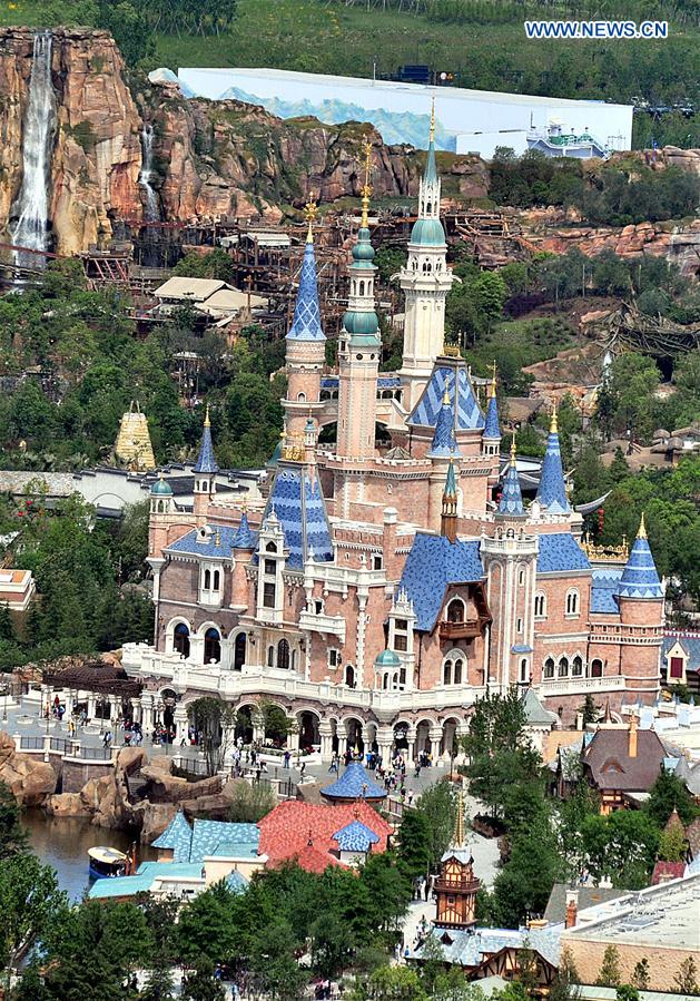 The aerial photo taken on May 17, 2016 shows the Fantasy Fairy Tale Castle of Shanghai Disneyland in Shanghai, east China. 