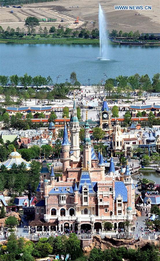 The aerial photo taken on May 17, 2016 shows the Fantasy Fairy Tale Castle of Shanghai Disneyland in Shanghai, east China.