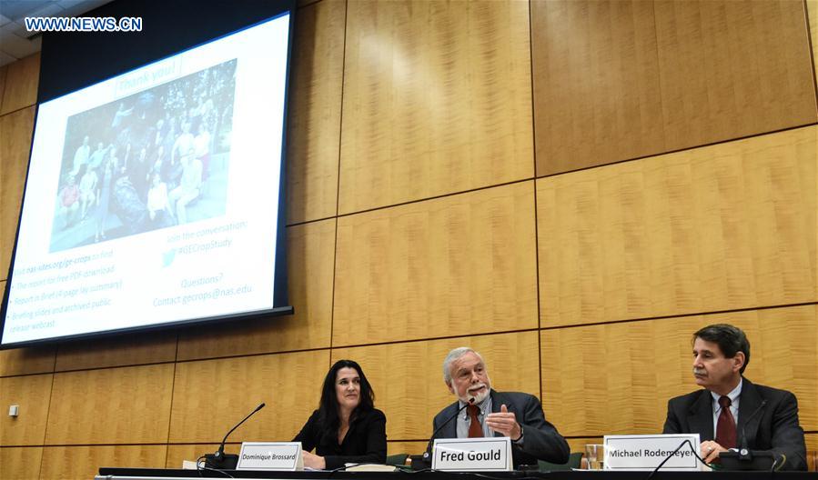 Fred Gould (C), chairman of the study committee on genetically engineered (GE) crops, speaks at a news conference in Washington, the United States, on May 17, 2016. 