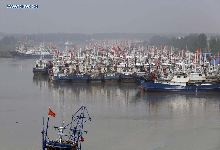 Photo taken on May 30, 2016 shows fishing vessels docking at the Qingkou port in Lianyungang, east China's Jiangsu Province.